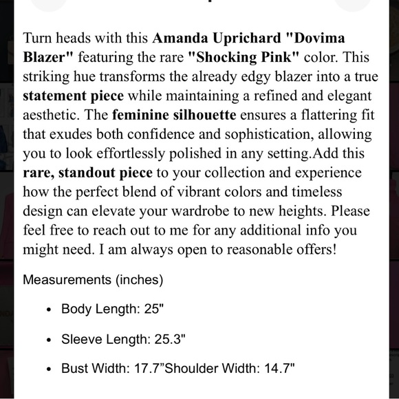 AMANDA UPRICHARD Dovima Blazer “Shocking” Pink Women’s Medium NWOT’s - Picture 16 of 16